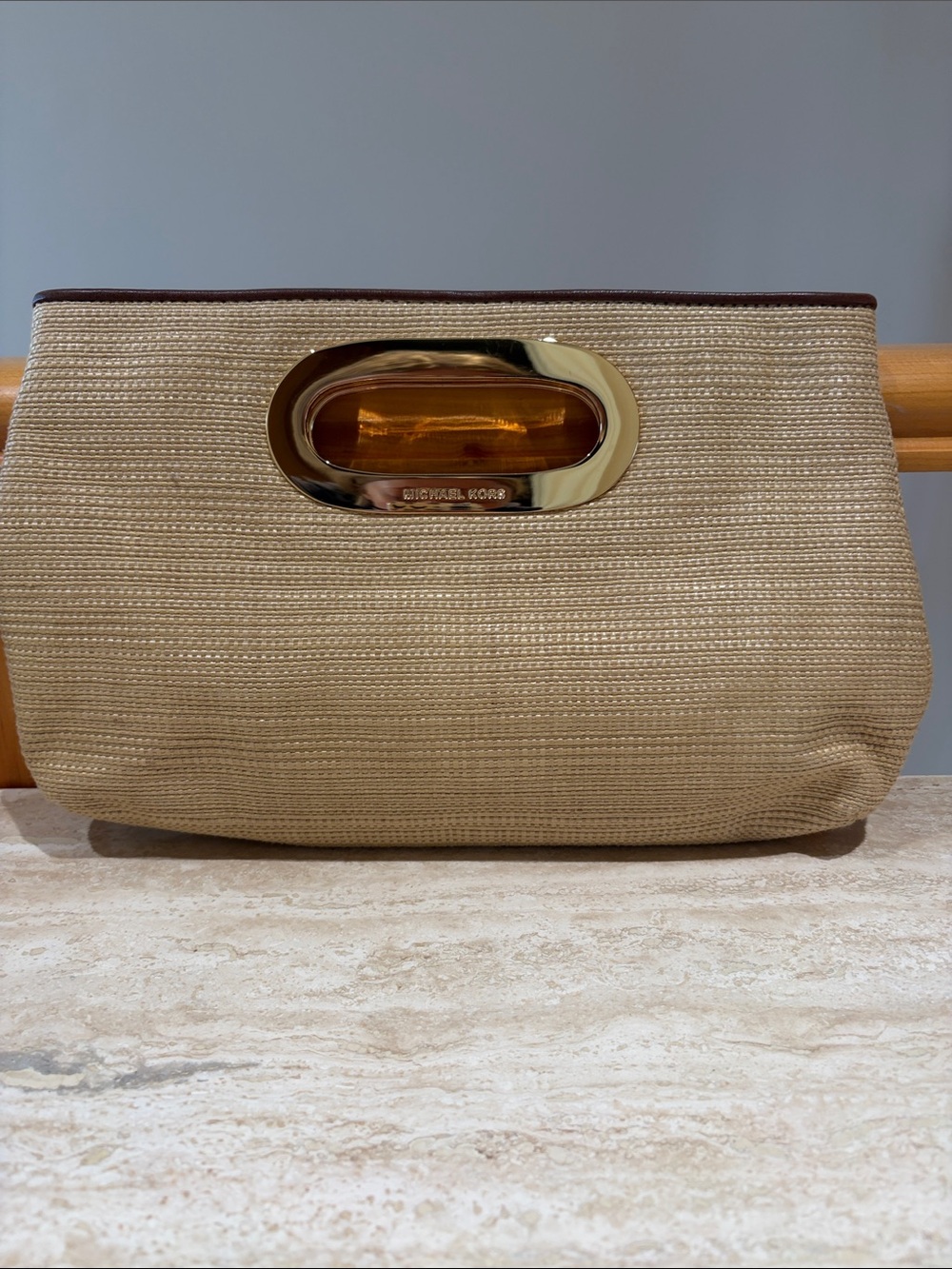 Michael Kors Natural Straw Clutch with Gold-Tone Cutout Handle